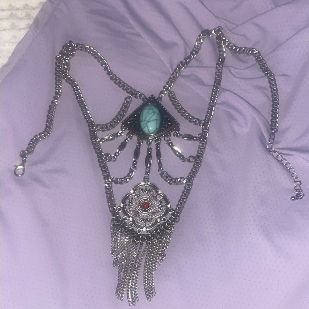 Silver and Blue Necklace with Teardrop Stone and Tassels